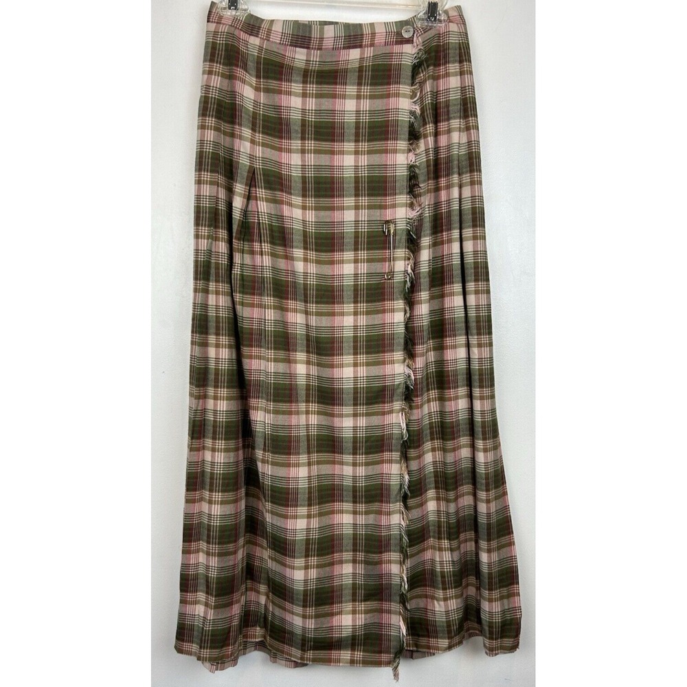 Vintage Plaid Skirt 8 Vtg Plaid Fringe Pleated Wrap Midi Pin Preppy Academic